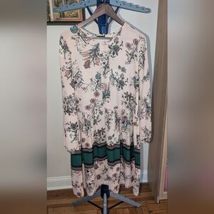 Pink Floral Long-Sleeve Tiered Dress with Green Border